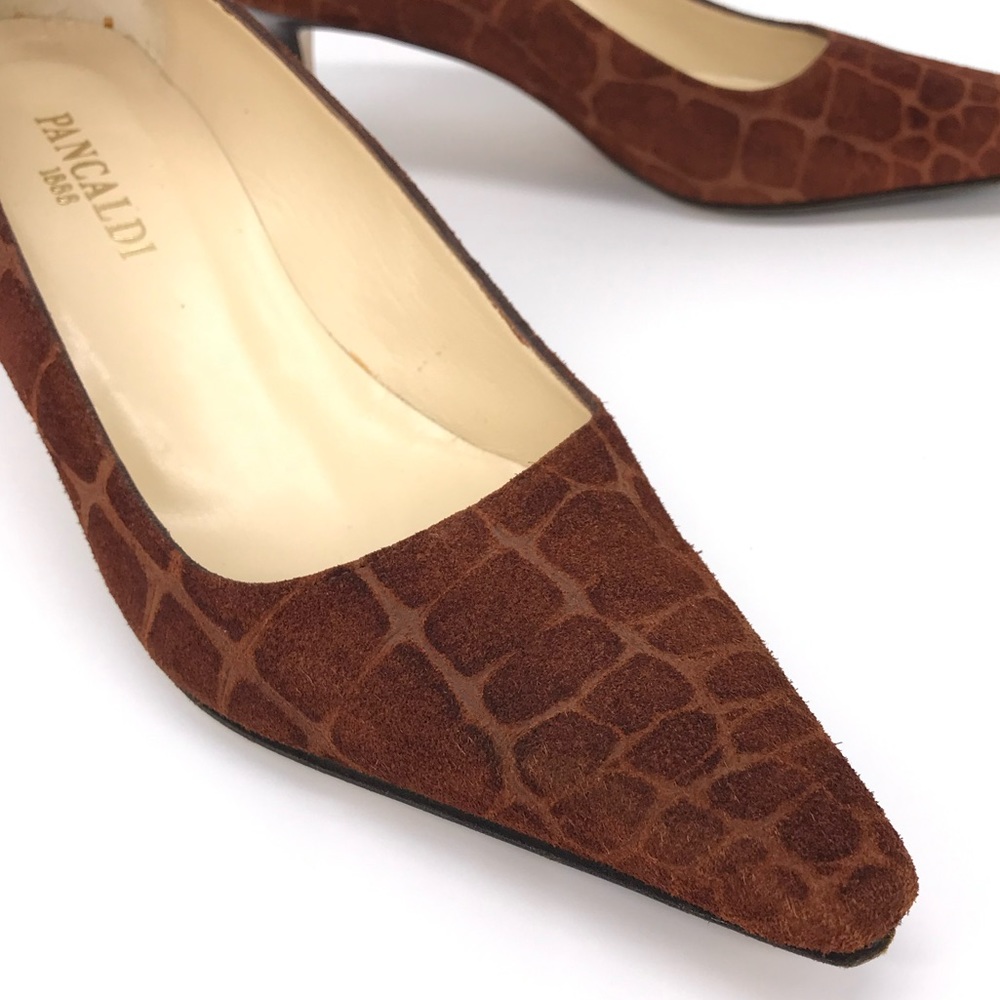 Pancaldi 1888 Crocodile Embossed Suede Kitten Heel in Brown Size 37